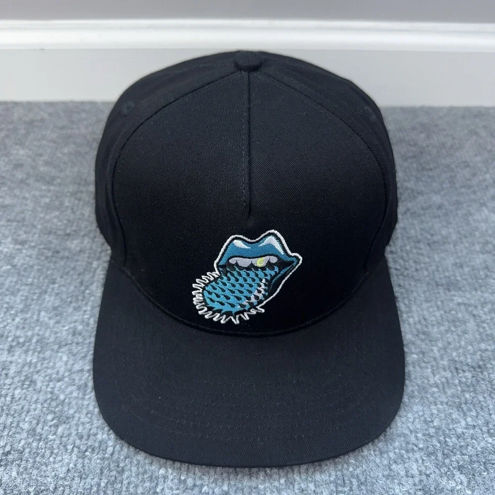 Cookies SF x Rolling Stones Hat Black High Crown Snapback Blue Spike Tongue NWOT